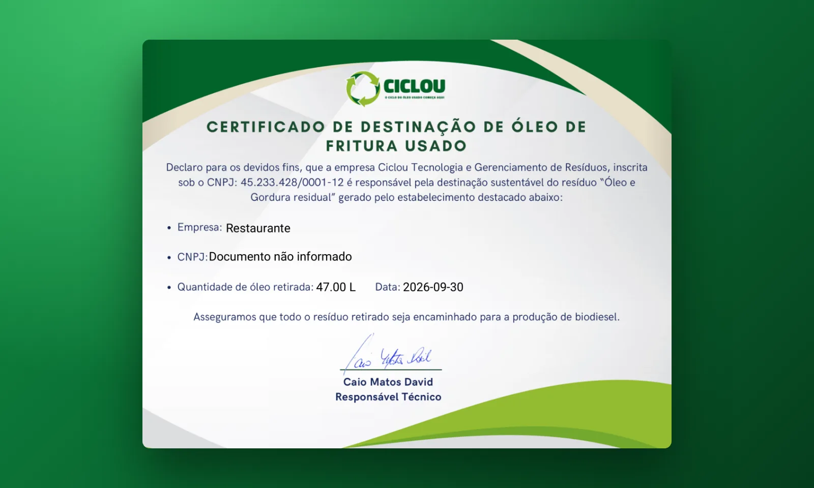 Certificado de destinação em PDF gerado pelo app