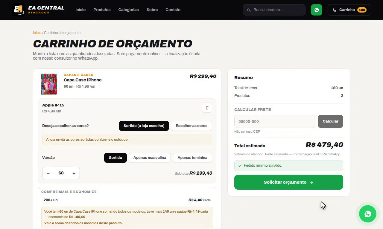 Vitrine da EA Central com produtos e faixa de desconto por quantidade