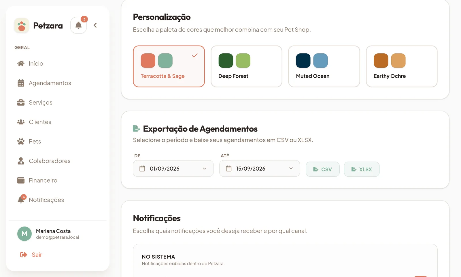 Configuração de paletas de cor da interface