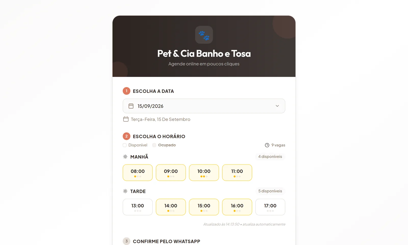 Página pública de agendamento do petshop