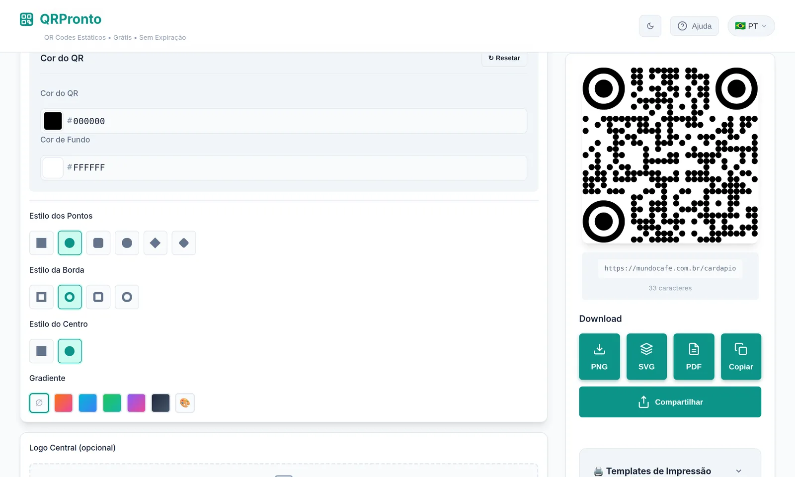 Opções de estilo de pontos e bordas do QR Code