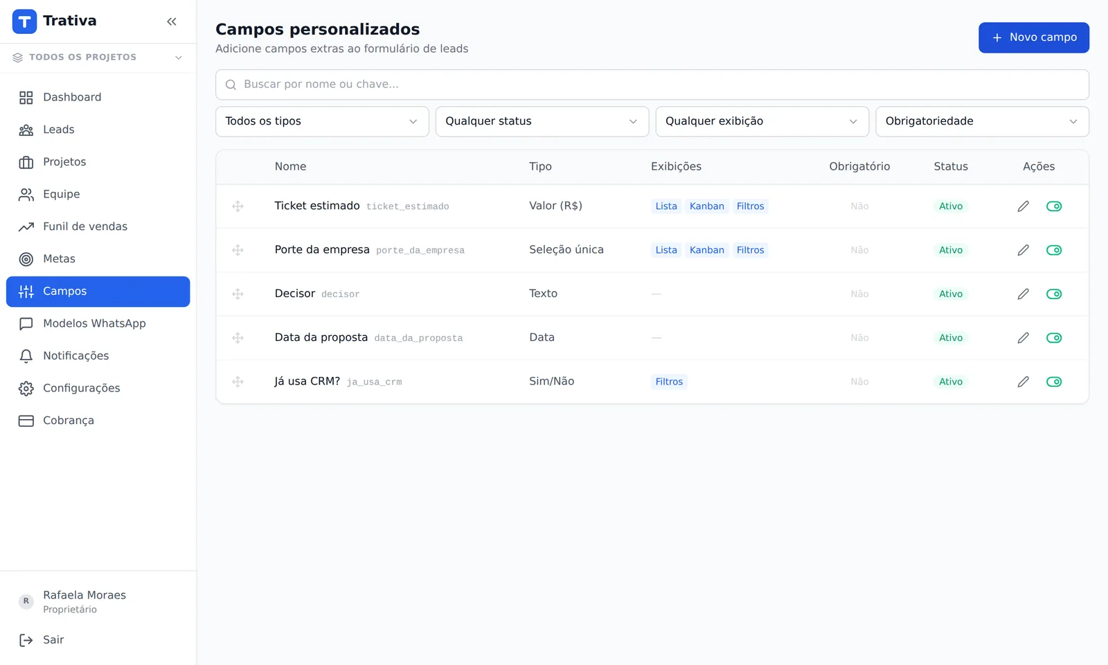 Configuração de campos personalizados da organização