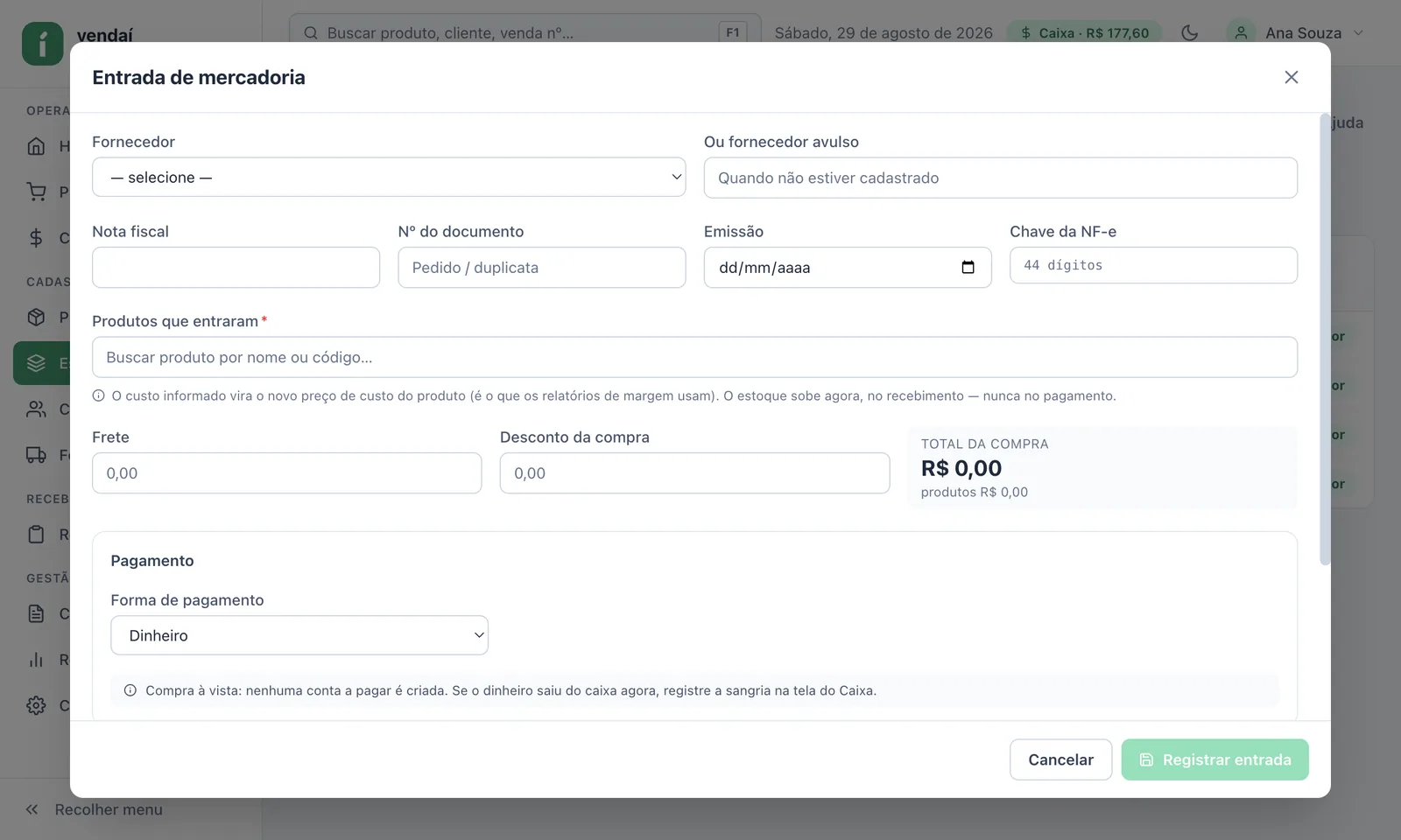 Tela de entrada de mercadoria com nota, fornecedor e itens