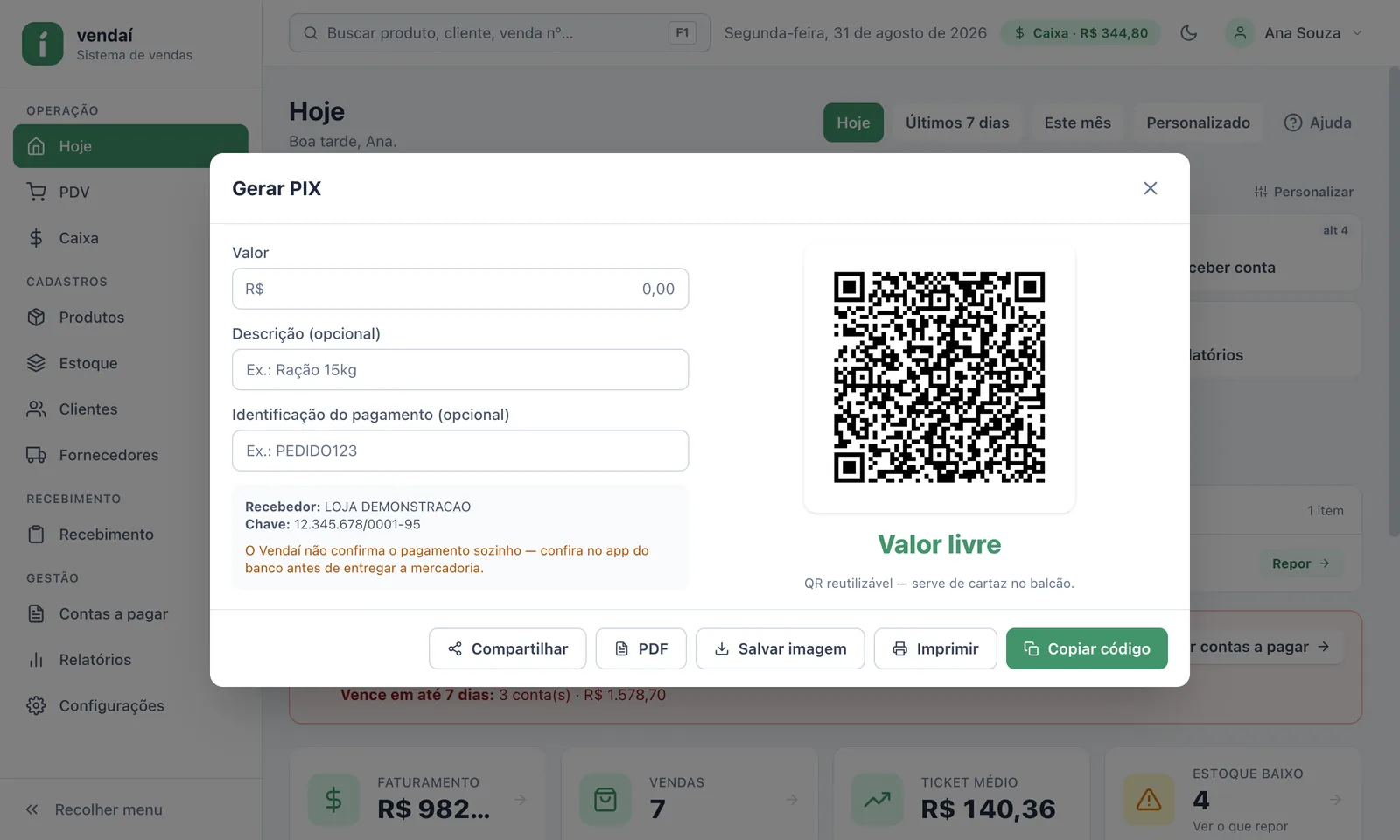 QR Code PIX gerado pelo Vendaí para o valor exato da venda